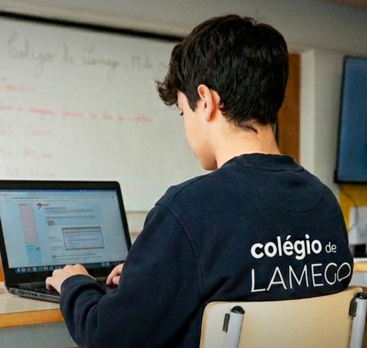 Aluno do Colégio de Lamego a trabalhar no computador, em sala de aula